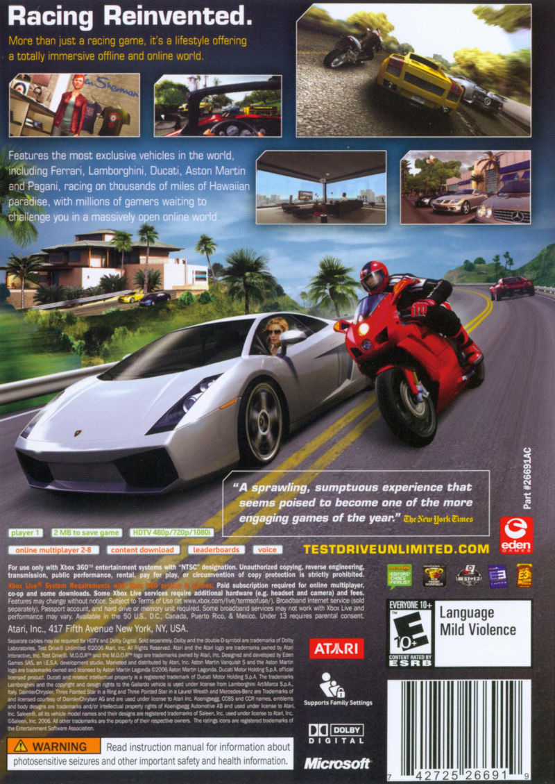 Test Drive Unlimited Back Cover - Xbox 360 Pre-Played