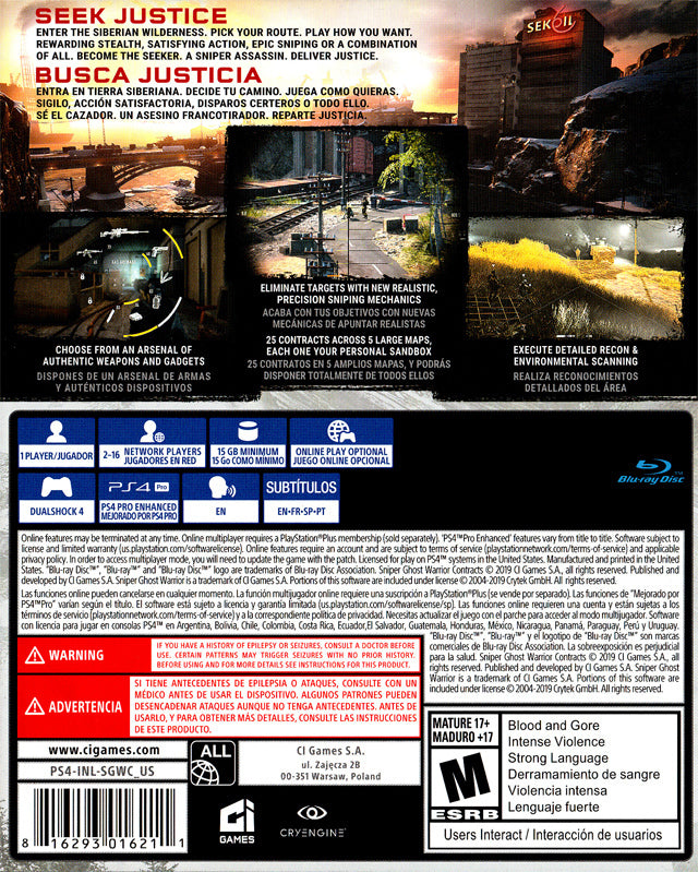 Sniper Ghost Warrior Contracts Back Cover - Playstation 4 Pre-Played