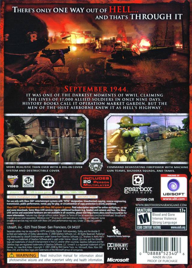 Brothers in Arms Hell's Highway Back Cover - Xbox 360 Pre-Played