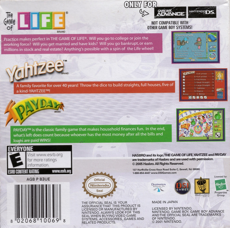 The Game of Life / Yahtzee / Payday Back Cover - Nintendo Gameboy Advance Pre-Played