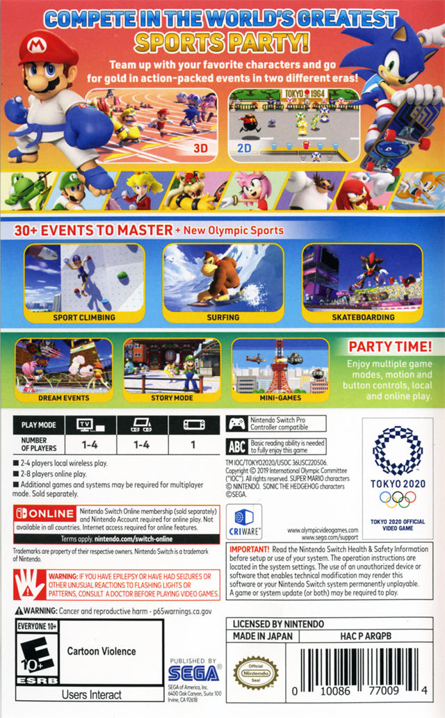 Mario & Sonic at the Olympic Games Tokyo 2020 Back Cover - Nintendo Switch Pre-Played