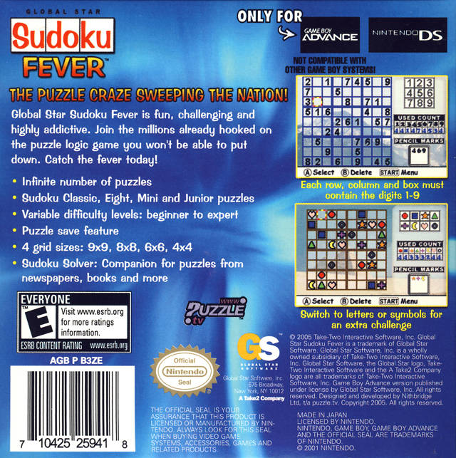 Sudoku Fever  - Nintendo Gameboy Advance Pre-Played