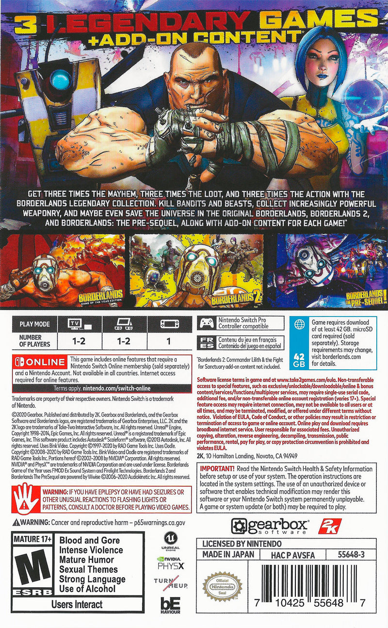 Borderlands Legendary Collection Back Cover - Nintendo Switch Pre-Played