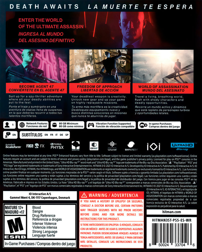 Hitman 3 Back Cover - Playstation 5 Pre-Played