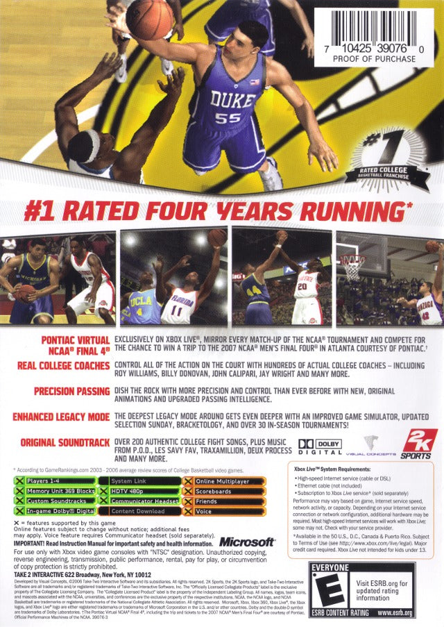 College Hoops 2K7 Back Cover - Xbox Pre-Played