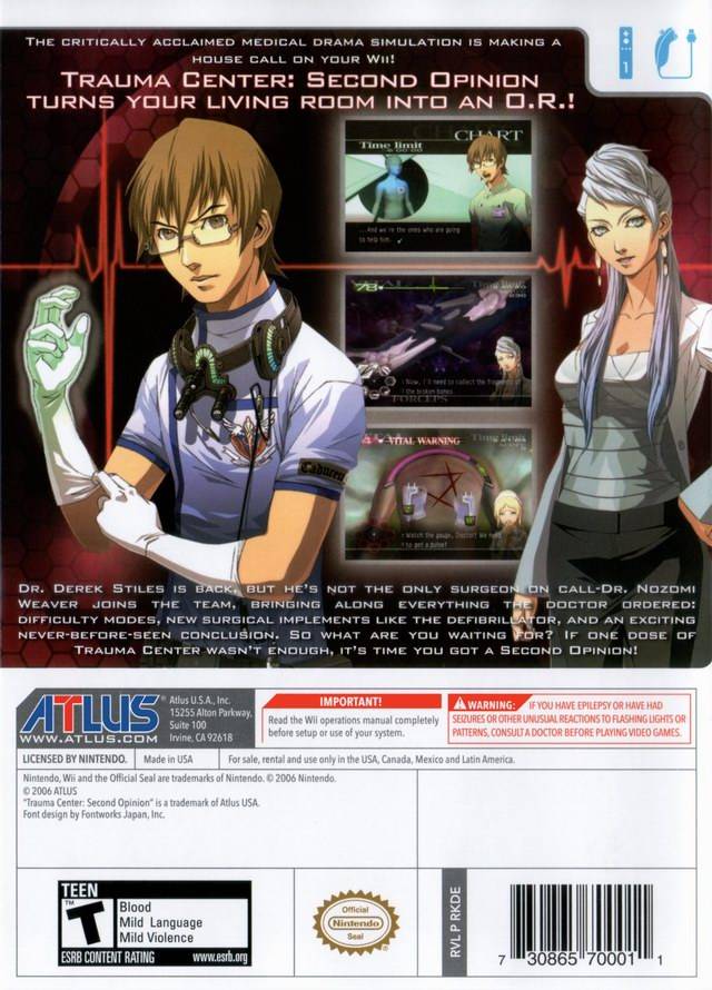 Trauma Center: Second Opinion Back Cover - Nintendo Wii Pre-Played