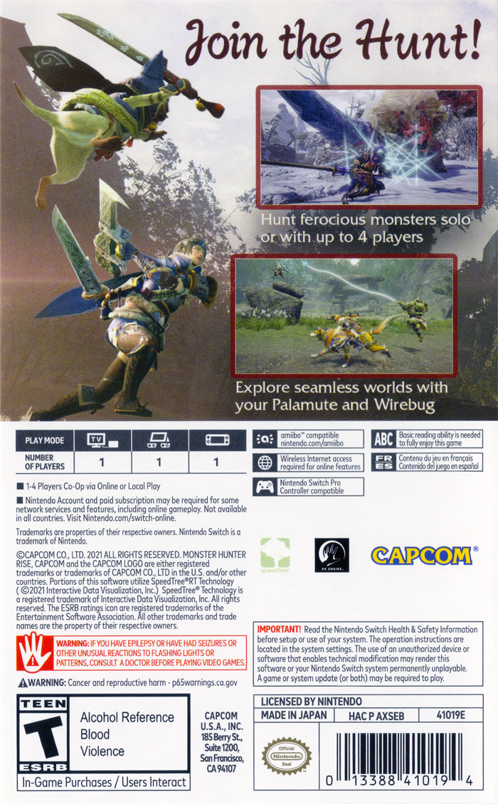 Monster Hunter Rise Back Cover - Nintendo Switch Pre-Played