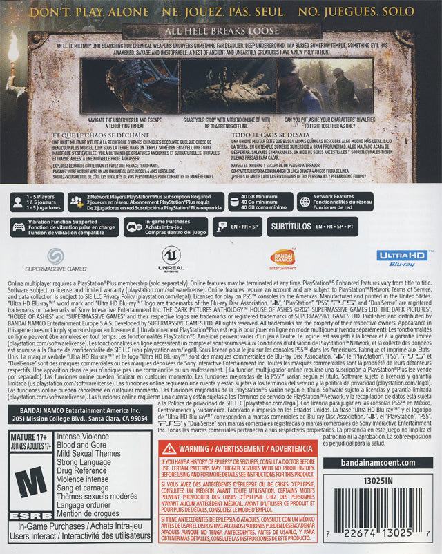 The Dark Pictures Anthology House of Ashes Back Cover - Playstation 5 Pre-Played