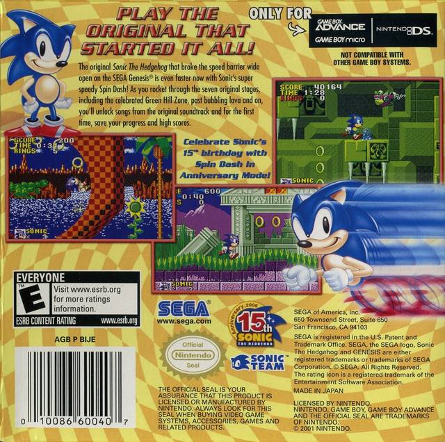 Sonic The Hedgehog Back Cover - Nintendo Gameboy Advance Pre-Played