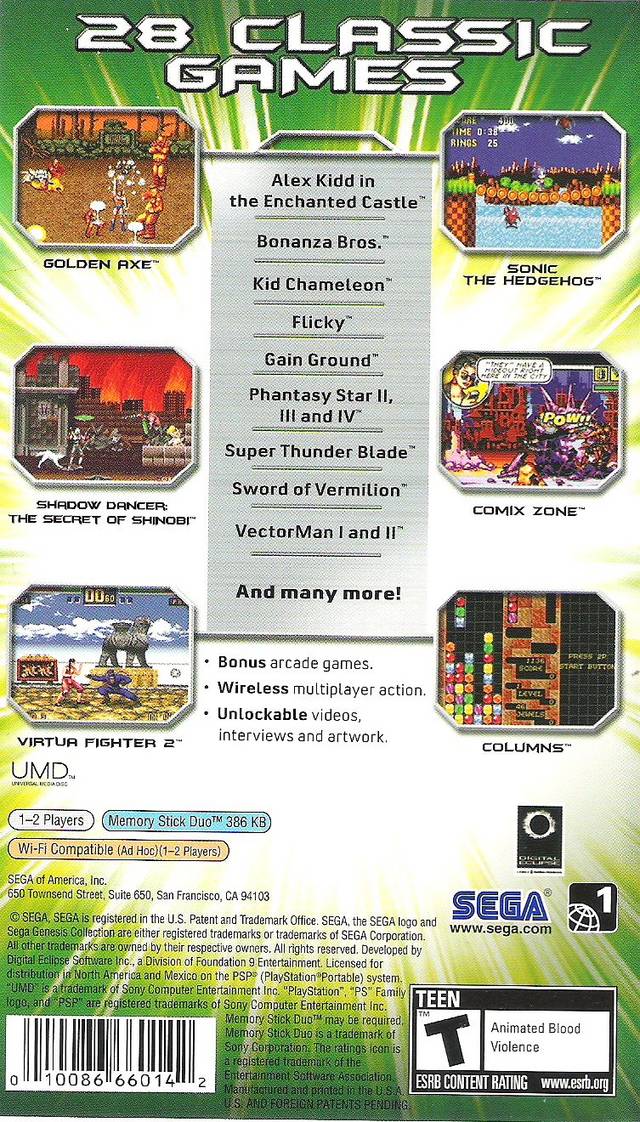 SEGA Genesis Collection Back Cover - PSP Pre-Played