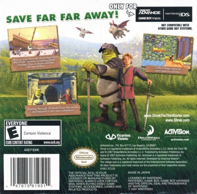 Shrek the Third Back Cover - Nintendo Gameboy Advance Pre-Played