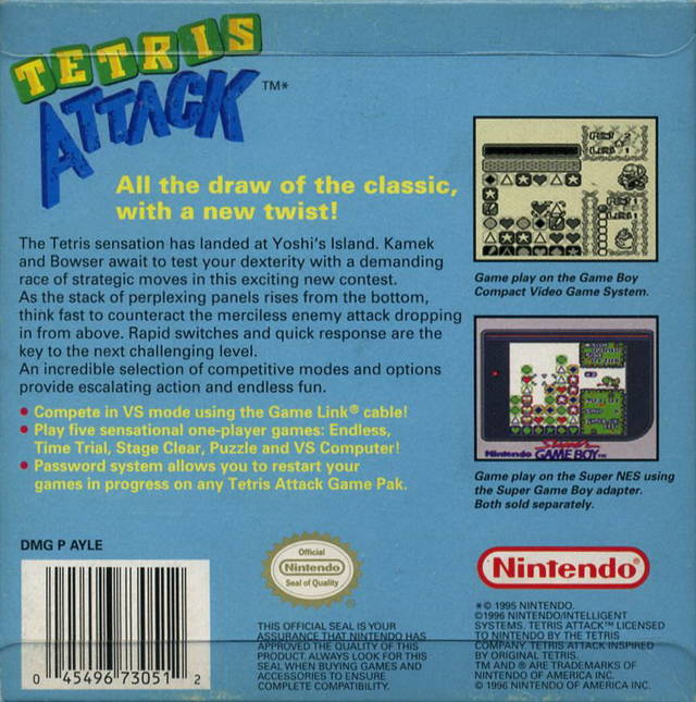 Tetris Attack Back Cover - Nintendo Gameboy Pre-Played