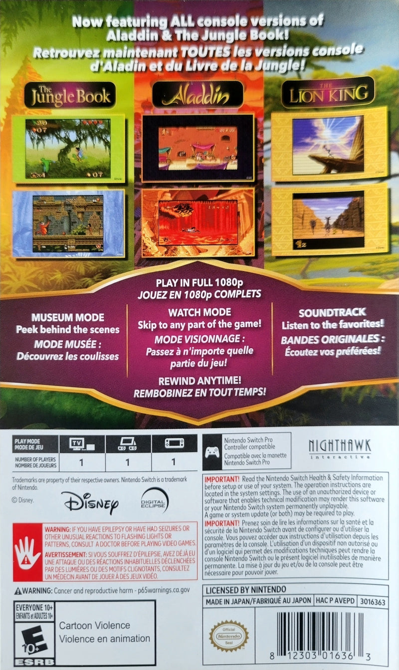 Disney Classic Games Collection: Aladdin, The Lion King, and The Jungle Book Back Cover - Nintendo Switch Pre-Played
