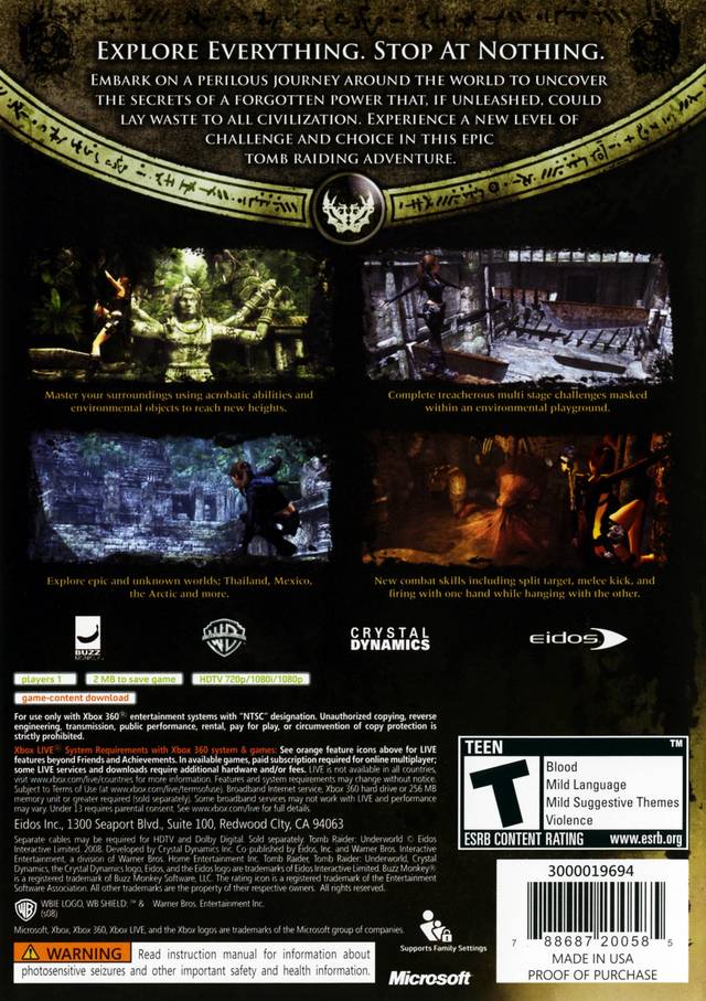 Tomb Raider Underworld Back Cover  - Xbox 360 Pre-Played