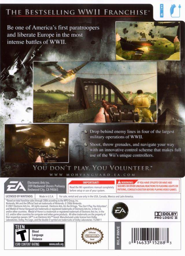 Medal of Honor Vanguard Back Cover - Nintendo Wii Pre-Played