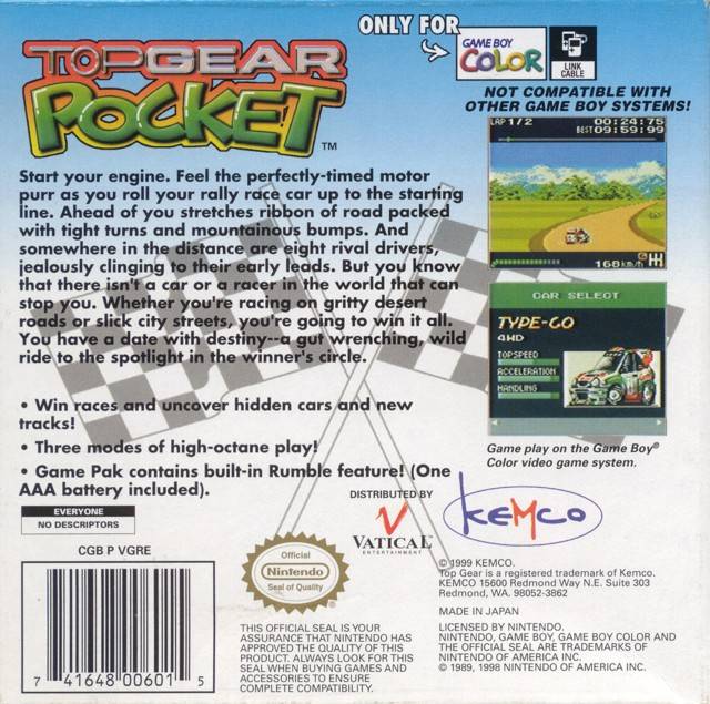 Top Gear Pocket Back Cover - Nintendo GameBoy Color Pre-Played