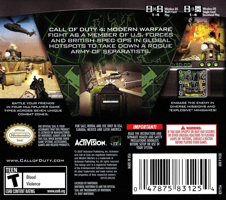 Call of Duty 4 Modern Warfare Back Cover - Nintendo DS Pre-Played