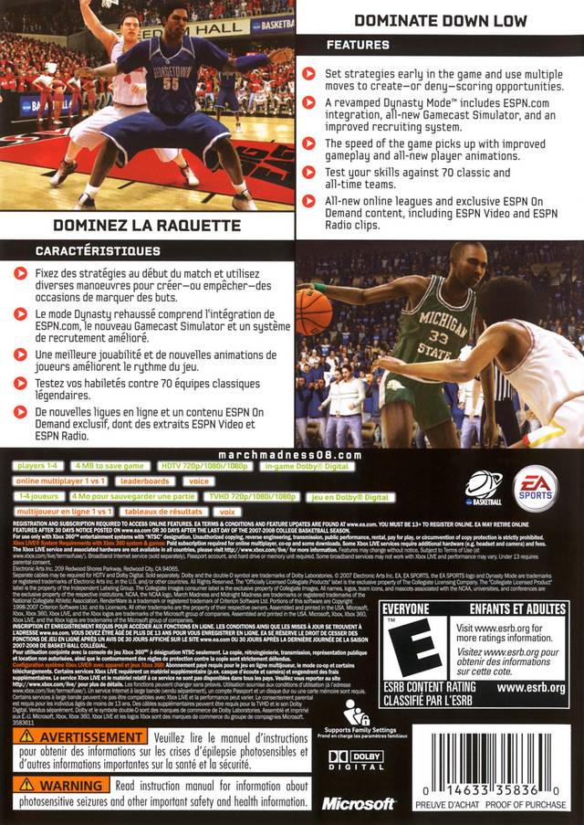 NCAA March Madness 08 Back Cover - Xbox 360 Pre-Played