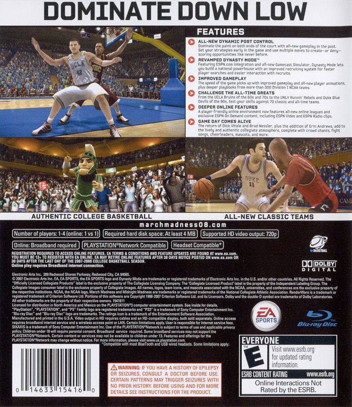 NCAA 08 March Madness Back Cover - Playstation 3 Pre-Played