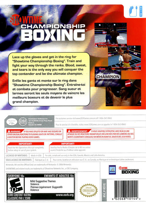 Showtime Championship Boxing Back Cover - Nintendo Wii Pre-Played