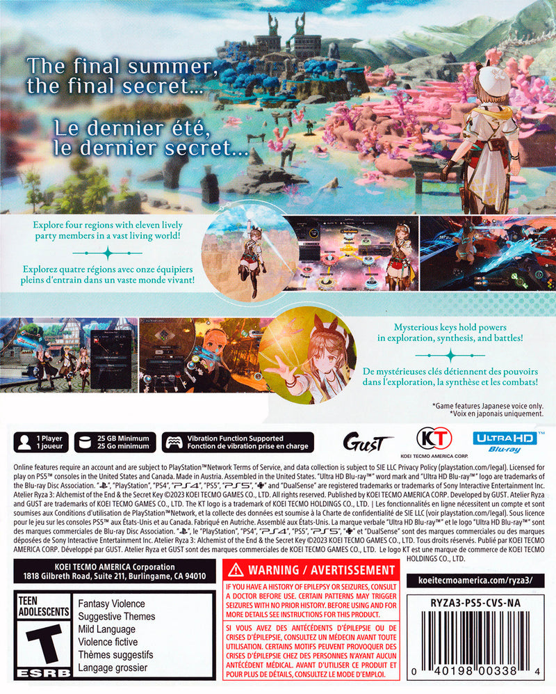 Atelier Ryza 3 Alchemist of the End & the Secret Key Back Cover - Playstation 5 Pre-Played