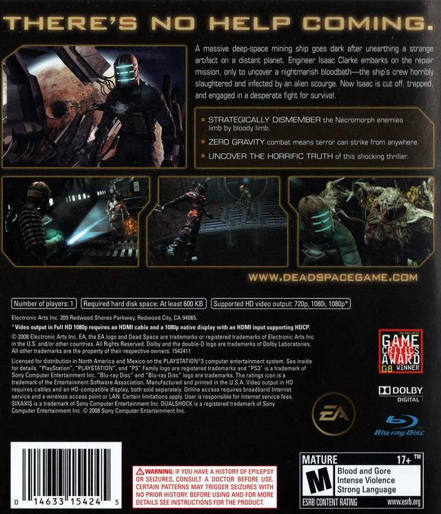Dead Space Back Cover - Playstation 3 Pre-Played
