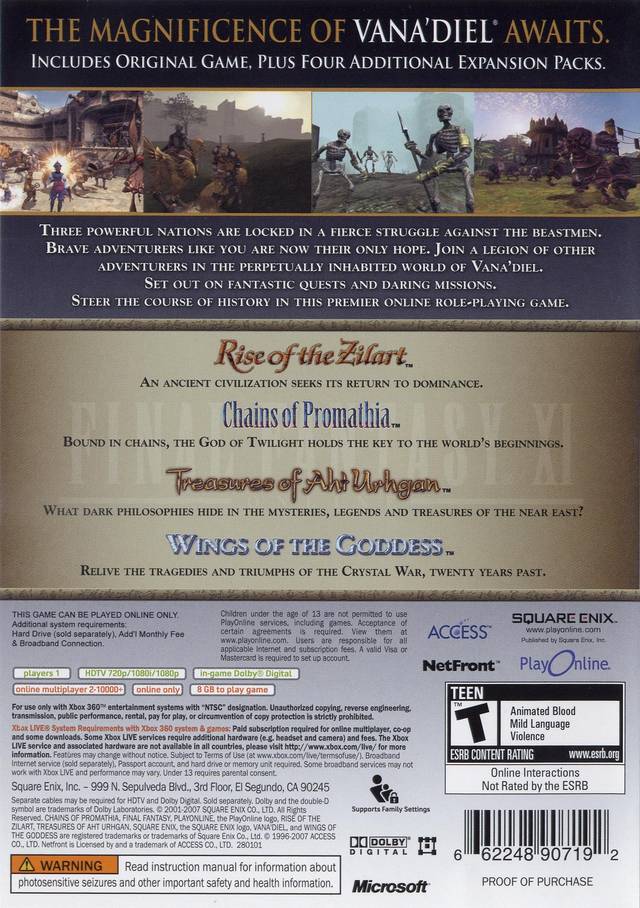 Final Fantasy XI Online: The Vana'Diel Collection Back Cover - Xbox 360 Pre-Played