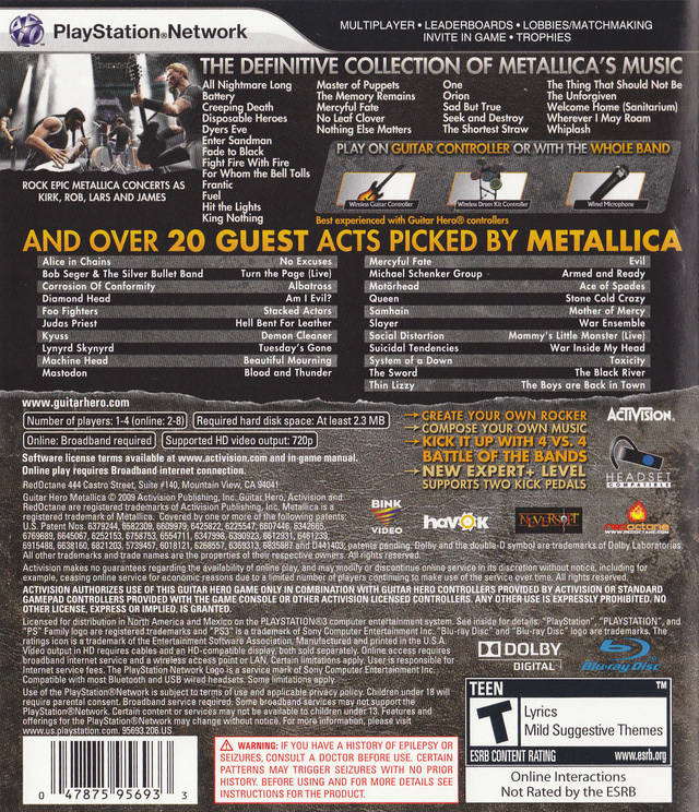 Guitar Hero Metallica Back Cover - Playstation 3 Pre-Played