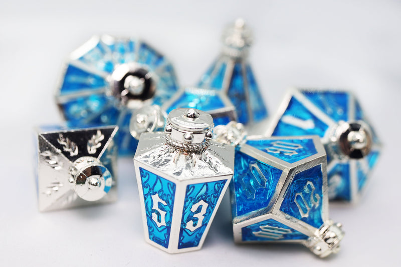 Moonlit Lantern: Silvered Frostfire Metal RPG Dice Set