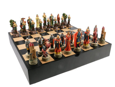 Robin Hood Resin Chessmen on Black/Maple Chest Chess Set