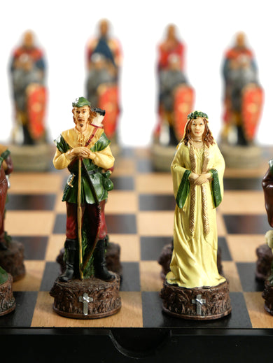 Robin Hood Resin Chessmen on Black/Maple Chest Chess Set