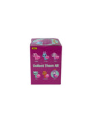 Pink toy packaging with cartoon characters and text on a white background