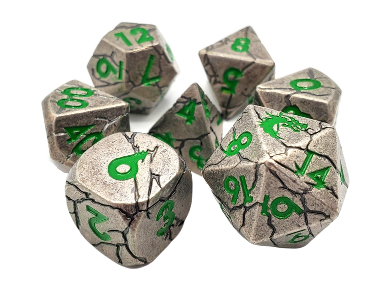Orc Forged Ancient Silver with Green - Old School 7 Piece RPG Metal Dice Set