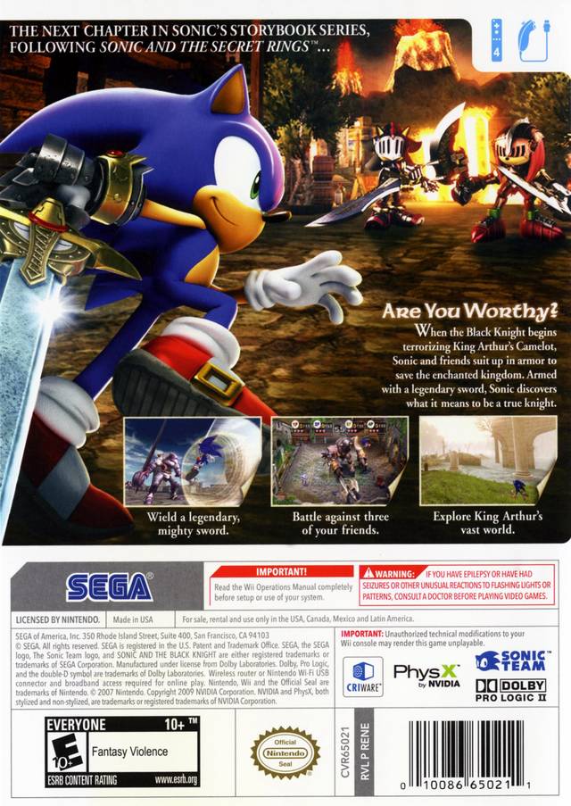 Sonic and the Black Knight Back Cover - Nintendo Wii Pre-Played