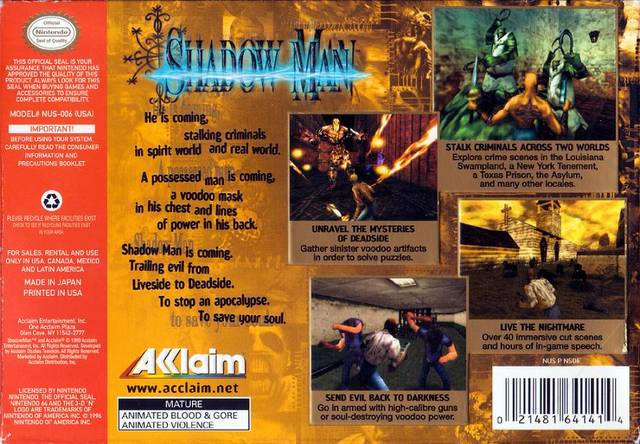 Shadow Man Back Cover - Nintendo 64 Pre-Played