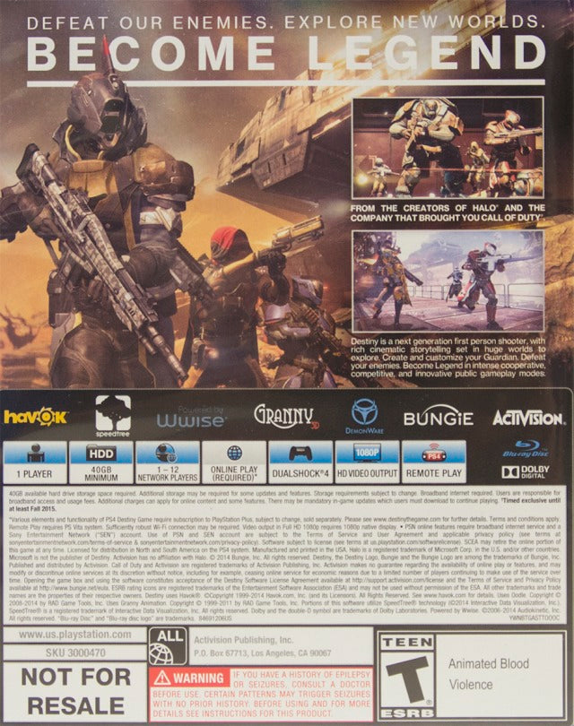 Destiny Back Cover - Playstation 4 Pre-Played