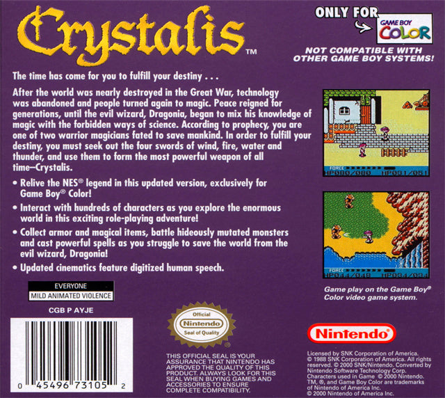 Crystalis Back Cover - Nintendo Gameboy Color Pre-Played