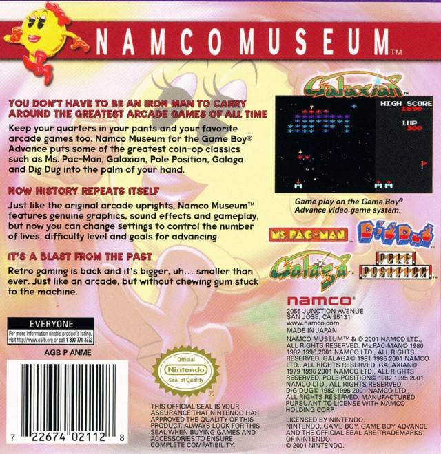 Namco Museum Back Cover - Nintendo Gameboy Advance Pre-Played