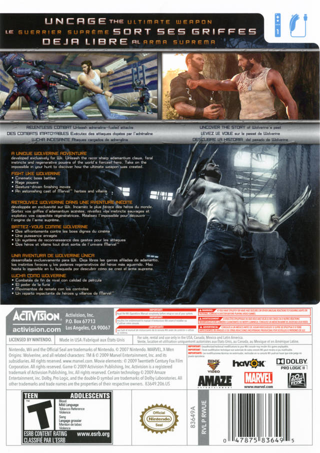 X-Men Origins Wolverine Back Cover - Nintendo Wii Pre-Played