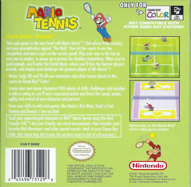 Mario Tennis Back Cover - Nintendo GameBoy Color Pre-Played