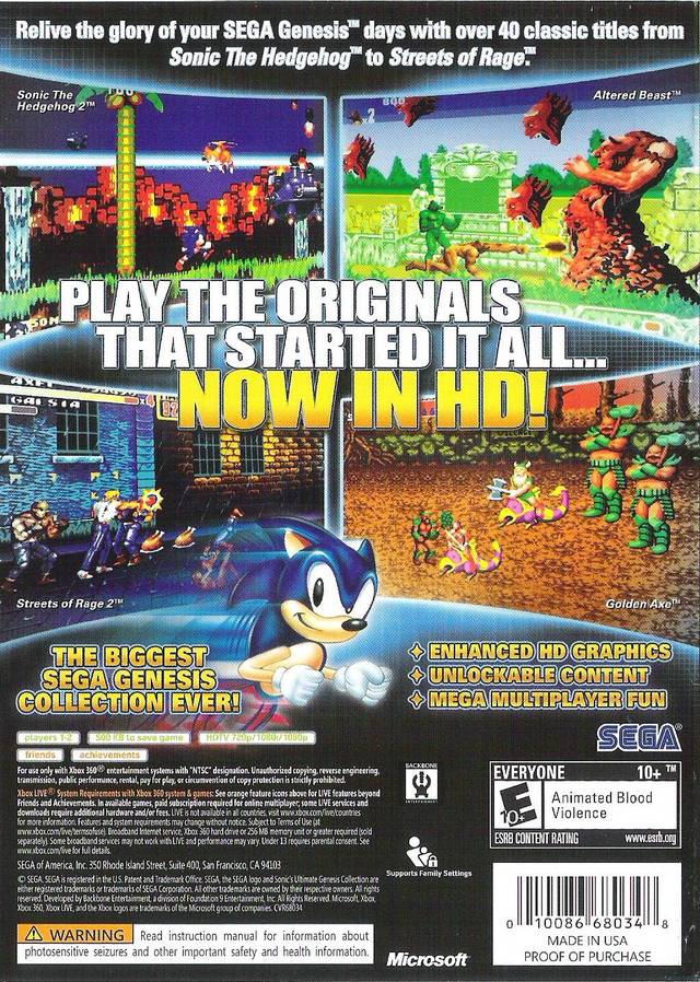 Sonic's Ultimate Genesis Collection Back Cover - Xbox 360 Pre-Played