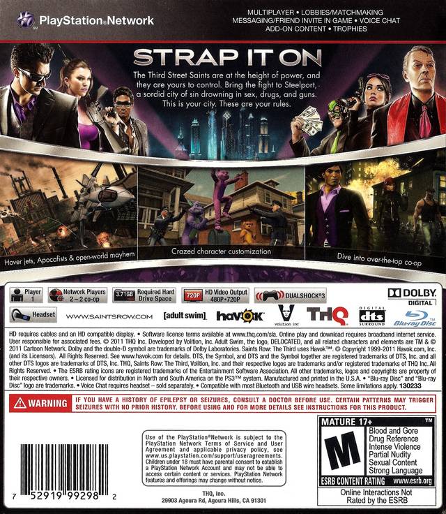 Saints Row The Third Back Cover - Playstation 3 Pre-Played