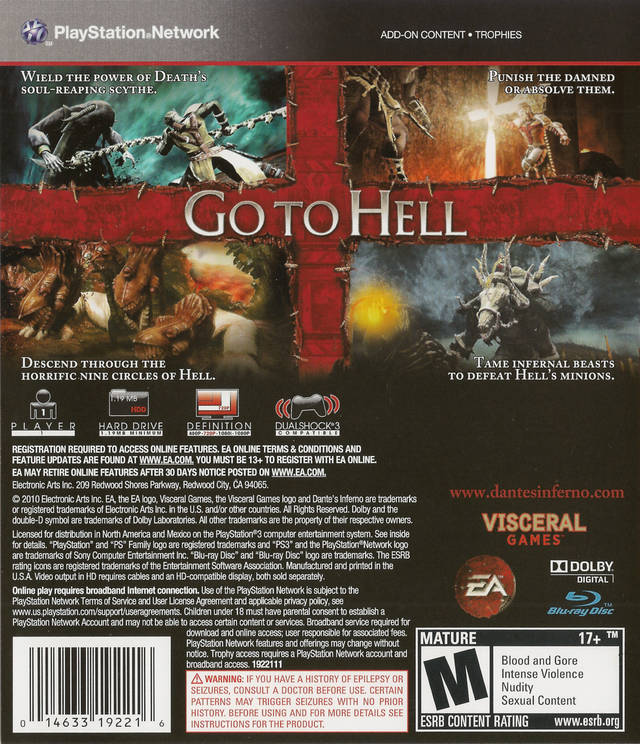 Dante's Inferno Back Cover - Playstation 3 Pre-Played