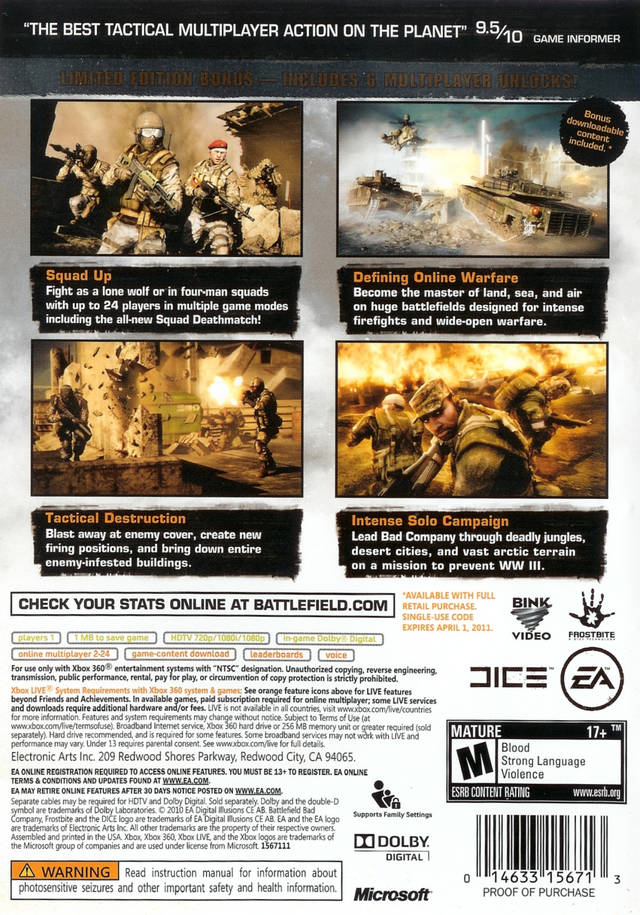 Battlefield Bad Company 2 Back Cover - Xbox 360 Pre-Played
