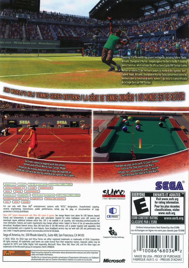 Virtua Tennis 2009 Back Cover - Xbox 360 Pre-Played