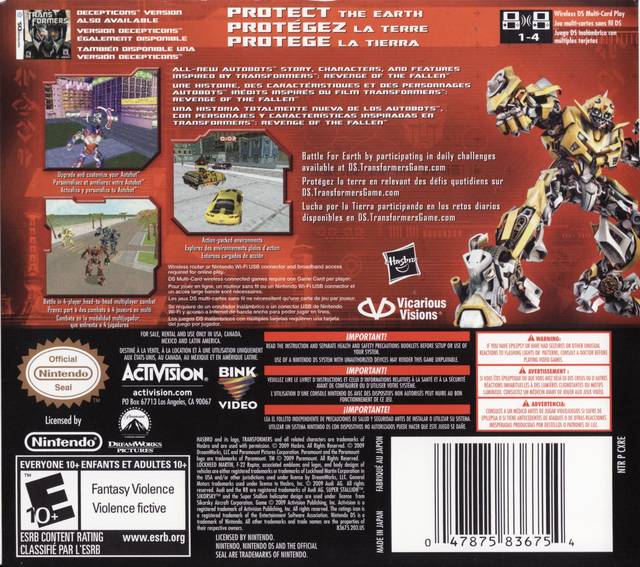 Transformers Revenge of the Fallen Autobots Back Cover - Nintendo DS Pre-Played