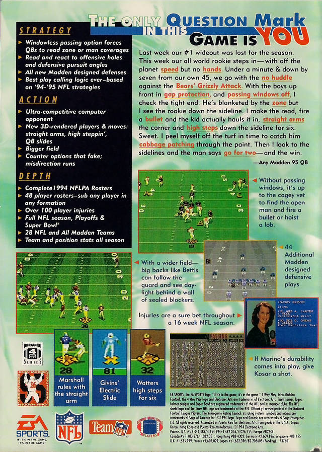 Madden 95 Football with Box Back Cover - Sega Genesis Pre-Played