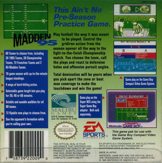 Madden 95 Back Cover - Nintendo Gameboy Pre-Played