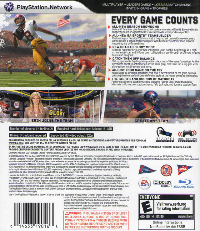 NCAA Football 2010 Back Cover - Playstation 3 Pre-Played