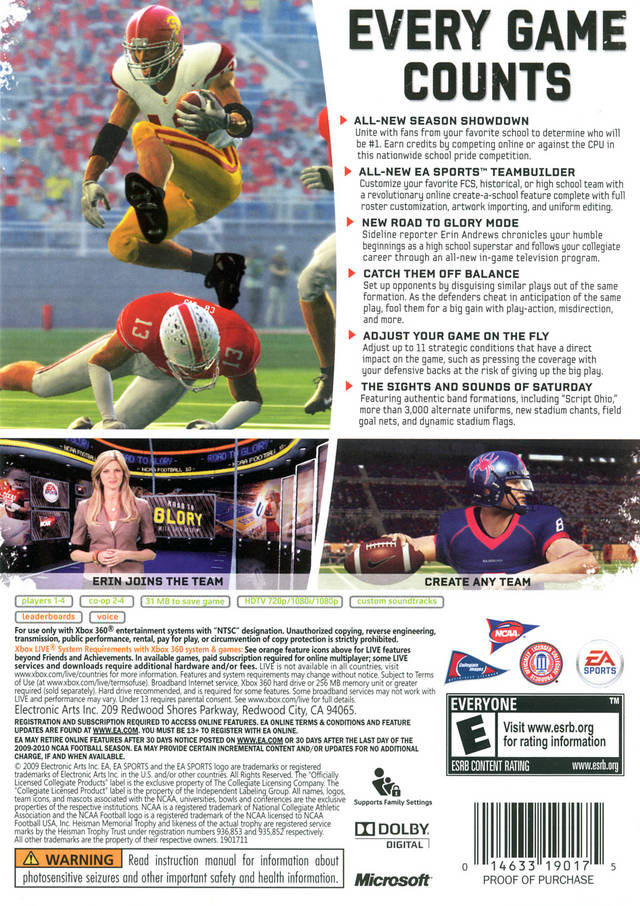 NCAA Football 2010 Back Cover - Xbox 360 Pre-Played